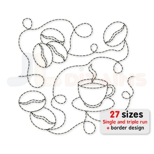 Op de afbeelding: Zwarte stippellijn illustratie van koffiebonen, een koffiekopje met stoom en wervelende lijnen. De afbeelding bevat de tekst "27 maten" en "Single and triple run + border design".