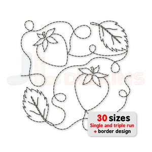 May include: Black dashed line drawing of strawberries and leaves on a white background. The design includes two strawberries and two leaves, connected by a continuous line. Text on the bottom right reads "30 sizes" and "Single and triple run + border design."