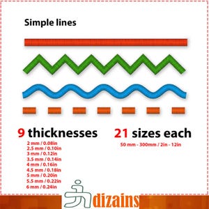 Satin stitch lines embroidery. Simple line embroidery, wavy line embroidery, zigzag embroidery, dashed line embroidery. Machine embroidery.