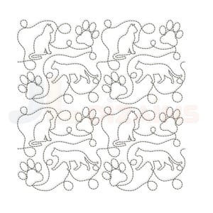 Cat quilt block machine embroidery design with cats and paw prints.