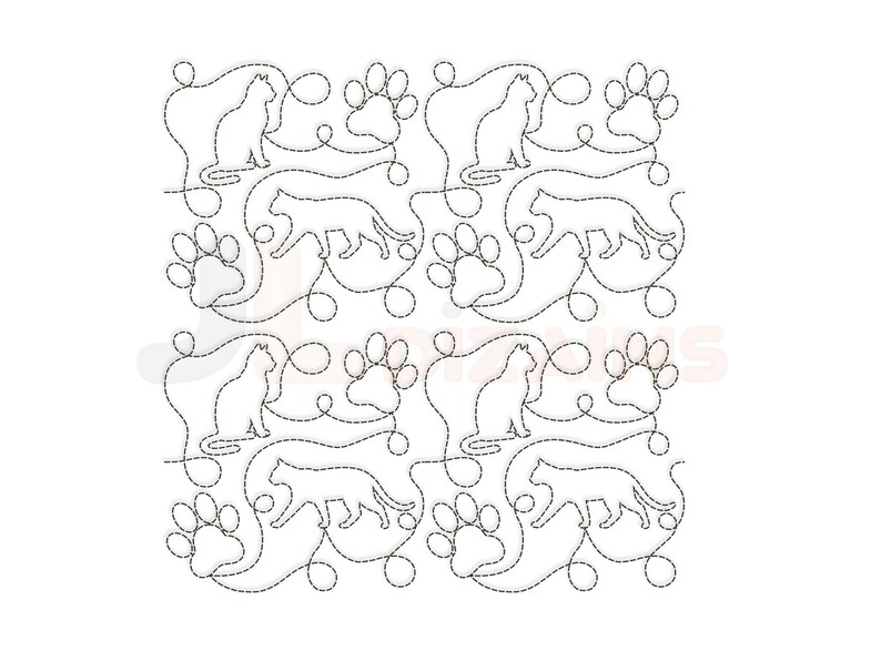 Cat quilt block machine embroidery design with cats and paw prints.