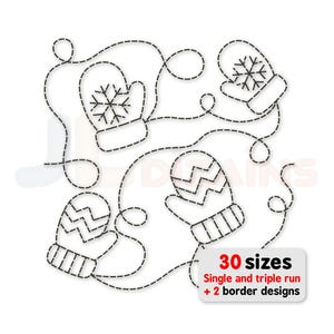 Mittens quilting embroidery design. Christmas quilt block continuous run embroidery pattern. Winter Edge to edge quilting. Instant download.