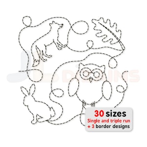 Puede incluir: Ilustraciones en línea discontinua negra de criaturas del bosque, incluyendo un zorro, un búho y un conejo, con una hoja de roble. El diseño incluye el texto "30 tamaños" y "Single and triple run + 3 border designs".