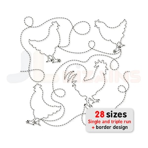 Desenho de bordado para patchwork com galinhas e galos. Design de patchwork de ponta a ponta com tema de fazenda. Inclui também um desenho de borda com ovos. Padrão E2E.