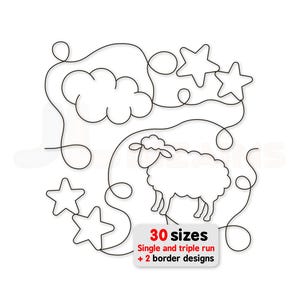 May include: A black and white line drawing of a sheep, cloud, and stars. The image includes the text "30 sizes" and "Single and triple run + 2 border designs" on a white background. The design is suitable for embroidery or similar crafts.