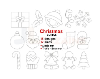 Conjunto de diseños de bordado navideños con contornos. Diseños navideños de bordado rojo. Patrones de acolchado de una y tres pasadas. Archivos de bordado a máquina.