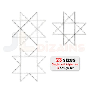 May include: Three star-shaped designs with dotted lines, likely for embroidery or quilting. The designs are in black on a white background. A small white rectangle with red text reads "23 sizes" and "Single and triple run 3 design set."