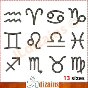 Zestaw wzorów do haftu znaków zodiaku. Wzory do haftu maszynowego symboli horoskopu. Wzory do haftu od małych do dużych.