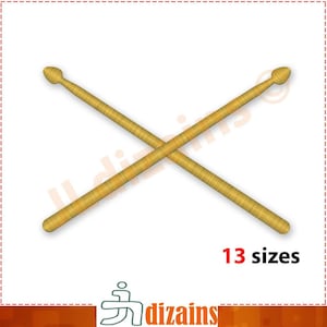 May include: Two wooden drumsticks crossed over each other. The drumsticks are brown and have a rounded tip. The text "13 sizes" is below the drumsticks.