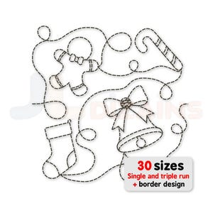 May include: Black dashed-line Christmas-themed embroidery designs on a white background. The image includes a gingerbread man, candy cane, stocking, and bell with a bow. Text reads "30 sizes, Single and triple run + border design."