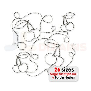 Pode incluir: Design de cerejas costuradas a preto sobre fundo branco. O design apresenta cerejas com folhas e caules ligados por linhas curvas. O texto na imagem diz "26 tamanhos, Single and triple run + border design."