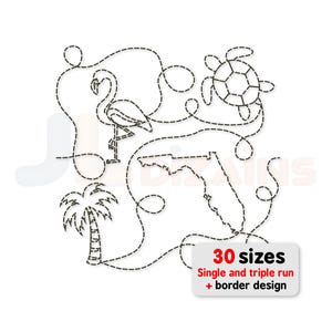 Könnte beinhalten: Schwarz-weiß-Strichzeichnung mit einem Flamingo, einer Schildkröte, einer Palme und dem Umriss von Florida, verbunden durch eine gestrichelte Linie. Das Bild enthält den Text "30 Größen" und "Single and triple run + border design".