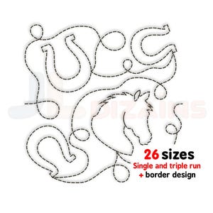 May include: A black and white line drawing of a horse's head with a horseshoe design. The design is made up of a series of dashed lines. The text "26 sizes" is written in red, followed by "Single and triple run + border design".