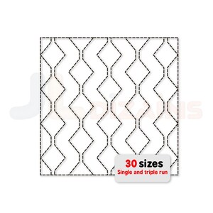 May include: A white square with a black geometric pattern of connected diamond shapes. The pattern is made of dashed lines. A small white rectangle at the bottom right corner reads "30 sizes" and "Single and triple run".