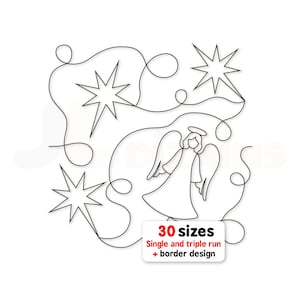 Puede incluir: Un diseño de arte lineal negro que muestra un ángel con alas y halo, rodeado por tres estrellas de ocho puntas y líneas continuas onduladas. Una etiqueta rectangular blanca incluye el texto 30 sizes, Single and triple run + border design.