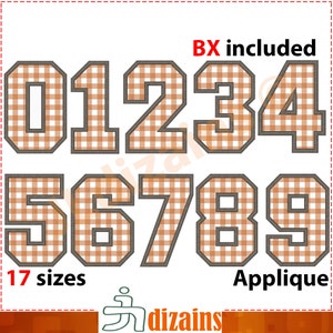 Puede incluir: Un conjunto de diez diseños de bordado de aplique que presentan los números del 0 al 9 en un patrón de cuadros marrones y blancos. Los números están delineados en gris y están disponibles en 17 tamaños. BX incluido.