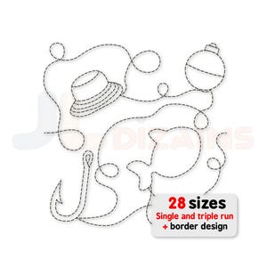 Fishing quilt block machine embroidery design. Fishing quilting embroidery. Embroidery and long arm machine edge to edge design. 28 sizes.