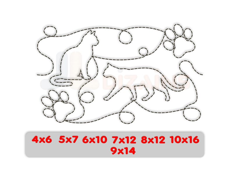 4x6, 5x7, 6x10, 7x12, 8x12, 9x14 and 10x16 sizes for cat quilting embroidery design.