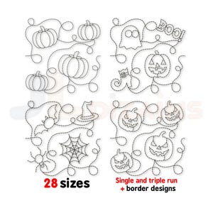 Könnte beinhalten: Schwarz-Weiß-Strichzeichnungen mit Halloween-Motiven. Die Designs umfassen Kürbisse, einen Geist, einen Hexenhut, ein Spinnennetz und das Wort „BOO!“. Der Text „28 Größen“ und „Single and triple run + border designs“ sind ebenfalls enthalten.