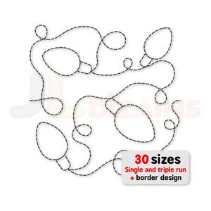 May include: Black and white illustration of Christmas lights with a dashed line design. The image includes text that reads "30 sizes, Single and triple run + border design".