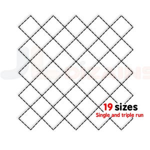 May include: A black and white image of a diamond pattern with dashed lines. The text "19 sizes" is in red and the text "Single and triple run" is in black below it.