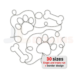 Paw Print and Bones Edge to Edge Quilting Design: Dog Continuous Line Quilt Block - Machine Embroidery & Longarm Pantograph - E2E Pattern.