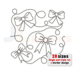 May include: An image featuring a design of embroidered bows in black thread on a white background. The bows are connected by curved lines, with a tag that reads "28 sizes" and "Single and triple run + border design".