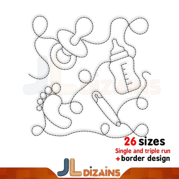 Baby Nursery Quilt Block E2E: Continuous Line Pacifier, Bottle, Footprint and Safety Pin - Newborn Suite Embroidery & Longarm Design.