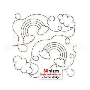May include: A black and white line art digital design featuring two rainbows with clouds connected by swirling continuous lines. A rectangular label at the bottom contains the text 30 sizes, Single and triple run, and border design.