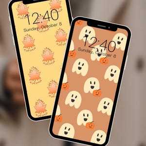 2 PACK Fall Autumn Spooky Pumpkin Halloween Orange Phone Background Downloadable iPhone Lock Screen