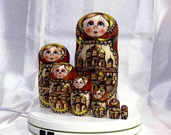 wood burn nesting doll 7 pcs 9 inches tall