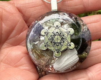 Authentic Moldavite Pendant- Synergy12- Metatrons Cube- Orgonite® Sacred Geometry, Third Eye, Tektite, Meteorite, Shungite Synergy 12 stones
