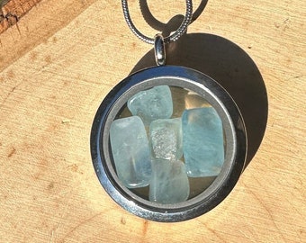 Aquamarine Pendant- Glass Locket filled with Natural Raw Aquamarine- Valentines Gift- Delicate Aquamarine Necklace- March birthstone