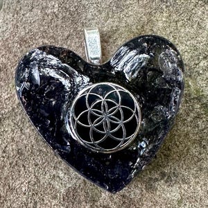Heart shaped Elite Shungite, EMF and energy protection, orgonite- Seed of life pendant- Sacred geometry necklace