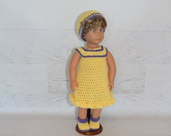 Handmade Clothes for 18” doll, yellow outfit including dress, hat, & boots, birthday or Christmas gift