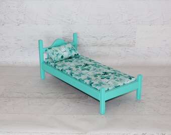 Handmade wood green 18” doll bed with mattress, pillow and blanket, wood doll furniture, birthday or Christmas gift