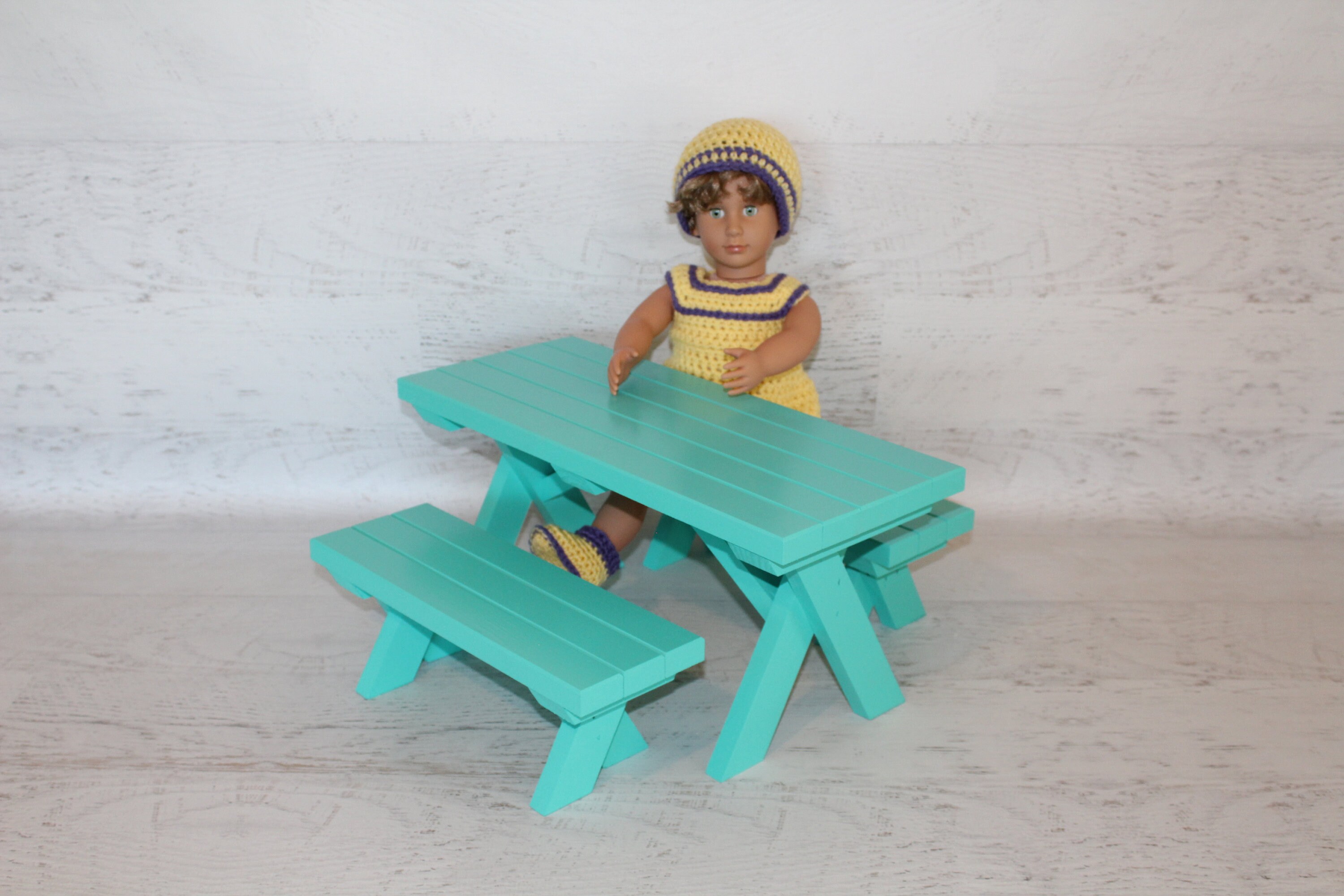 Teal Green Handmade Wood Furniture Doll Picnic Table With 2 Etsy