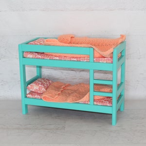 Wood doll furniture teal bunkbed with bedding, mattress, pillows, & blankets, birthday or Christmas gift image 4
