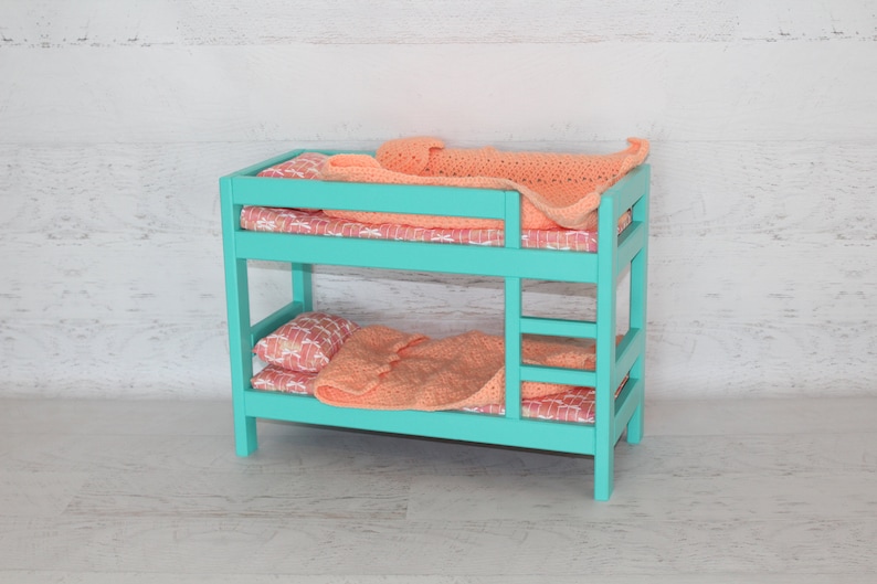 Wood doll furniture teal bunkbed with bedding, mattress, pillows, & blankets, birthday or Christmas gift image 4