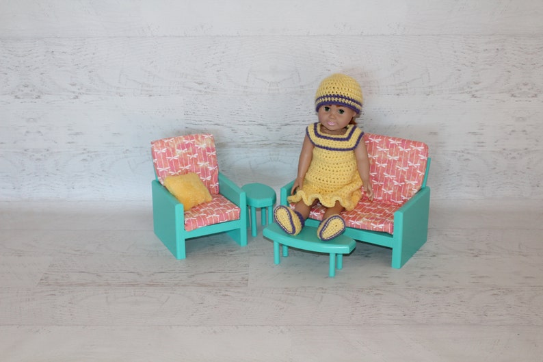 Handmade wood Teal green 18 doll living room, couch, chair, coffee table, end table, doll furniture, birthday gift, Christmas gift image 8