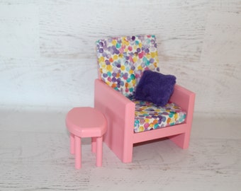 Handmade wood doll furniture, pink chair and table with cushions and pillow for 18” dolls