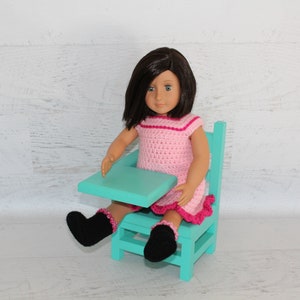 Wood furniture doll school desk, solid wood desk for 1820 dolls, collectible, chair, teal green color image 3