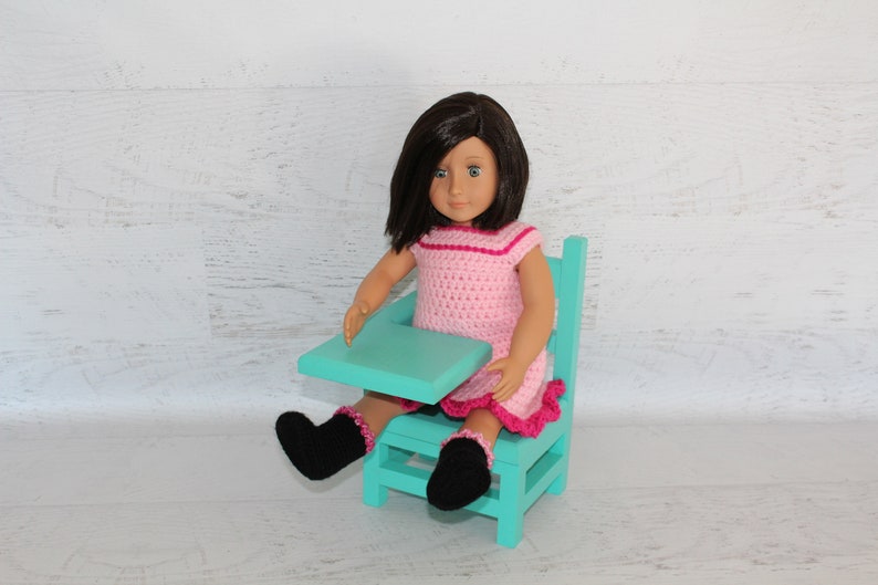 Wood furniture doll school desk, solid wood desk for 1820 dolls, collectible, chair, teal green color image 3