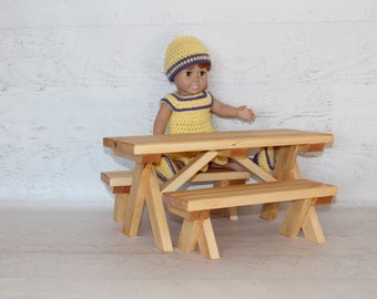 Wood furniture doll picnic table with 2 benches