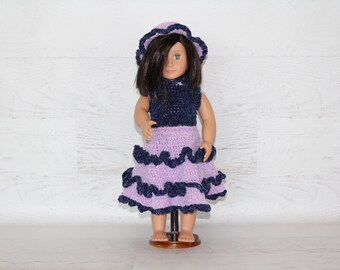 Handmade Clothes for 18” doll, purple outfit including dress & hat