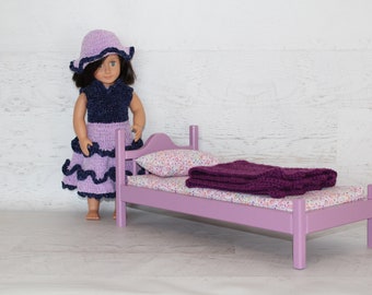 Handmade wood Lavender 18” doll bed with mattress, pillow and blanket, wood doll furniture