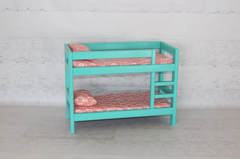 Wood doll furniture teal bunkbed with bedding, mattress, pillows, & blankets, birthday or Christmas gift image 5