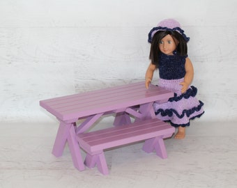 Purple handmade Wood furniture, doll picnic table with 2 benches