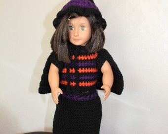 Witch outfit, 4 piece AG outfit, black, purple, orange top & skirt, cape, and hat with spider, AG doll clothes, 18” doll dress