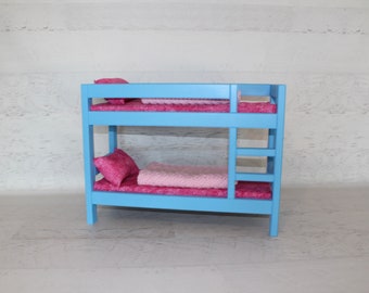 Wood doll furniture blue bunkbed with bedding, mattress’, pillows, & blankets, birthday or Christmas gift